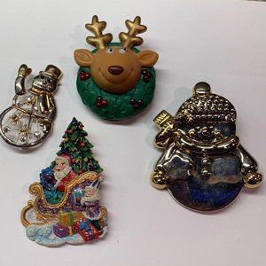 Lot Of 4 Brooch Pins Christmas Holiday - Snowman, Tree, Santa, Reindeer